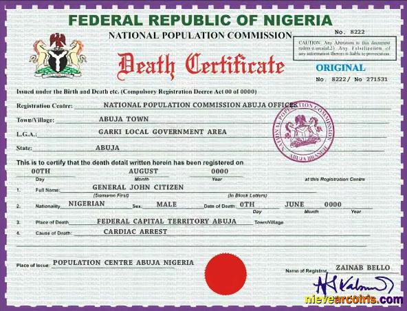 Nigeria vital record death certificate, version 2